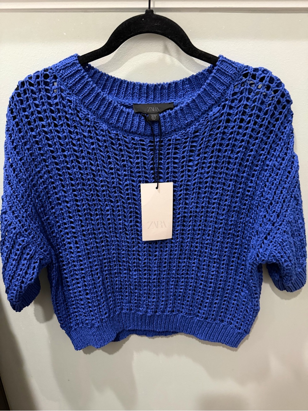 Zara Cobalt Blue Open-Knit Short Sleeve Sweater